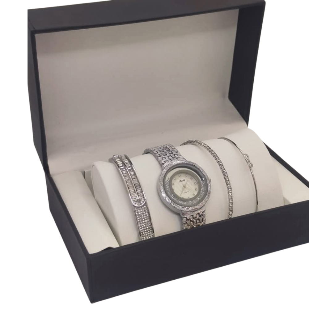 طقم ساعة فضي مع أساور